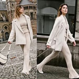ANINE BING Val Wool Ribbed Knit Flared Pull On Pant in Cream Size M